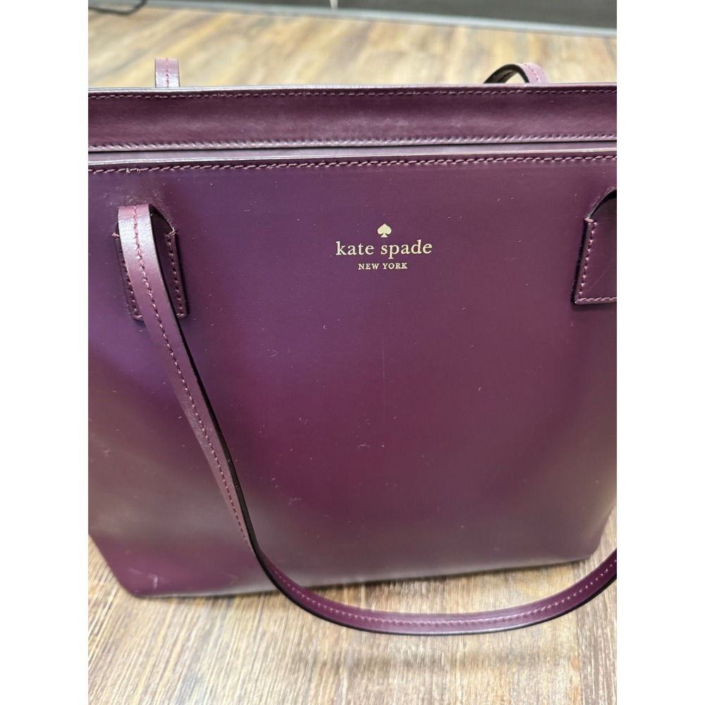 Kate Spade New York Leather Tote Bag Burgundy Plum Top Zip Shoulder Bag - Picture 4 of 16